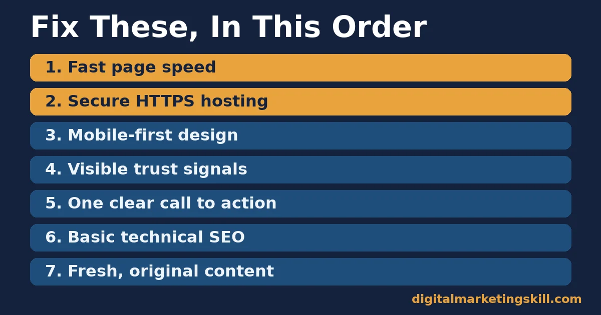 Business website essentials in fix order Business website essentials checklist showing the order to fix: speed, security, mobile design, trust signals, call to action, SEO, content