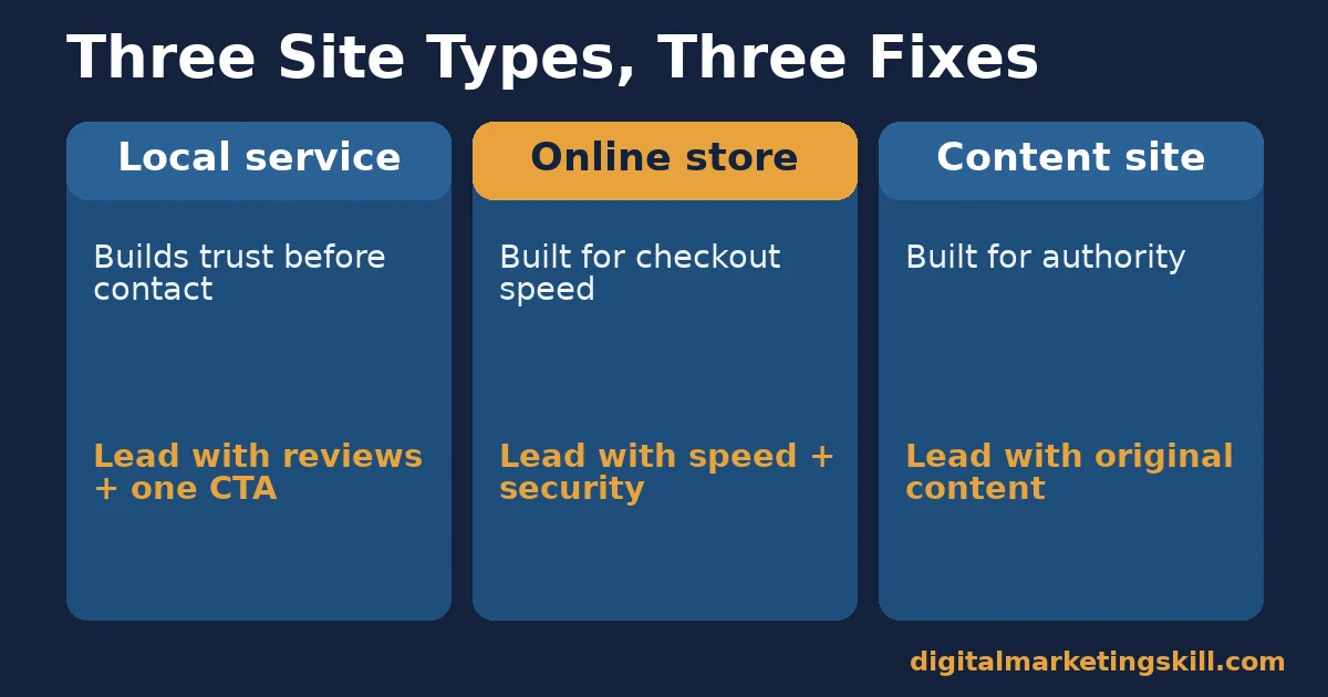 Business website essentials by site type Three-column comparison of business website essentials priorities for local service sites, online stores and content sites