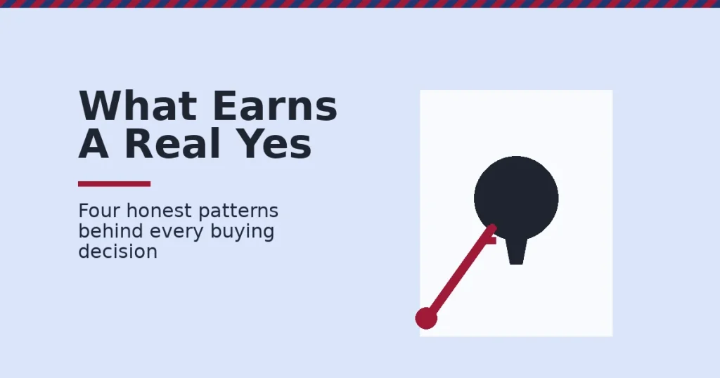 Buying decision shown as a crimson key turning a dark lock set inside a white door, representing an honestly earned yes