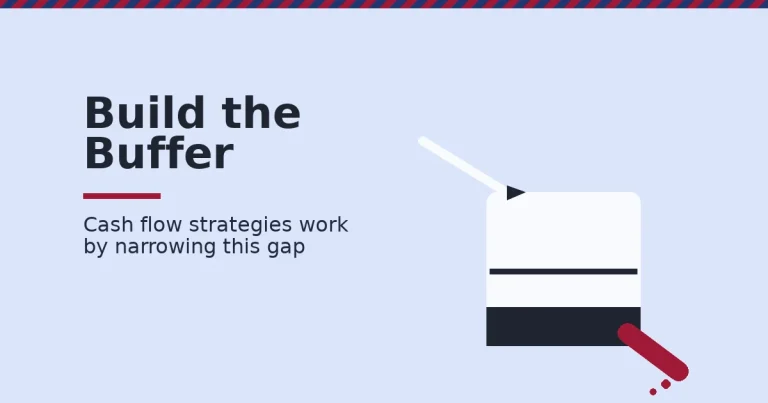 Cash flow strategies shown as a tank of cash with a slow inflow pipe and a faster, crimson outflow pipe draining it
