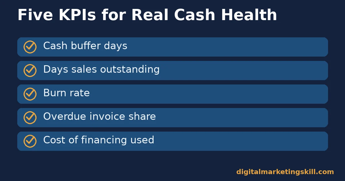 Cash flow strategies KPI checklist Cash flow strategies checklist with five KPIs: cash buffer days, days sales outstanding, burn rate, overdue invoice share and cost of financing