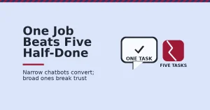Chatbot marketing illustration contrasting a narrow single-task bot with an overloaded multi-task bot