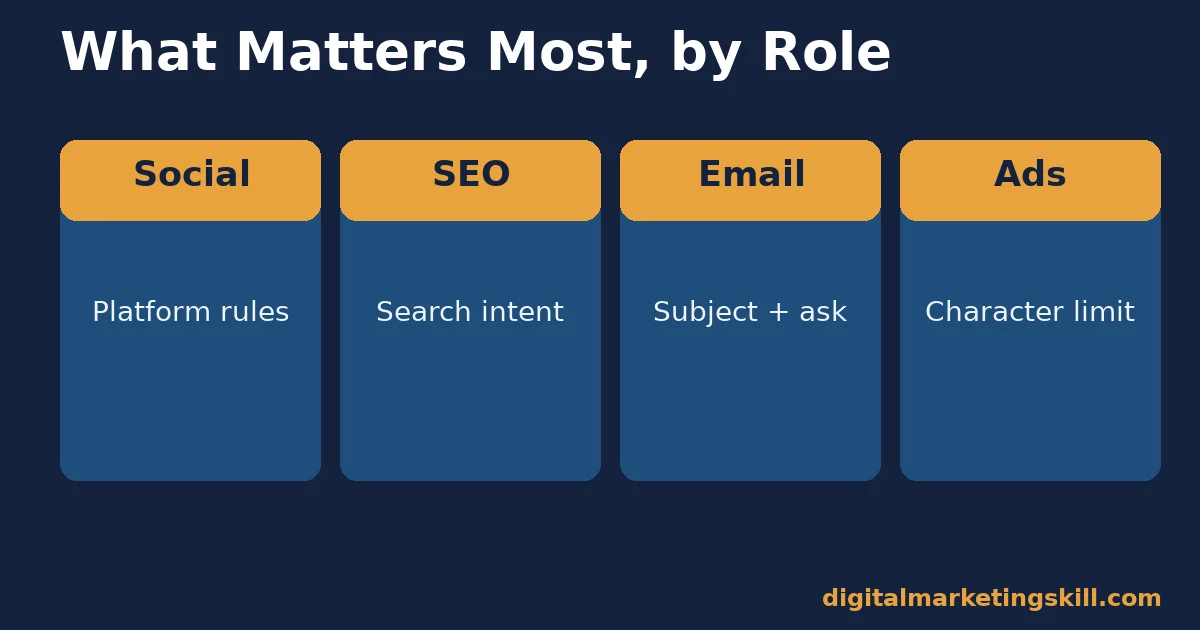 ChatGPT prompts for marketers by role ChatGPT prompts for marketers comparison across four roles: social media platform rules, SEO search intent, email subject and ask, and ad character limits