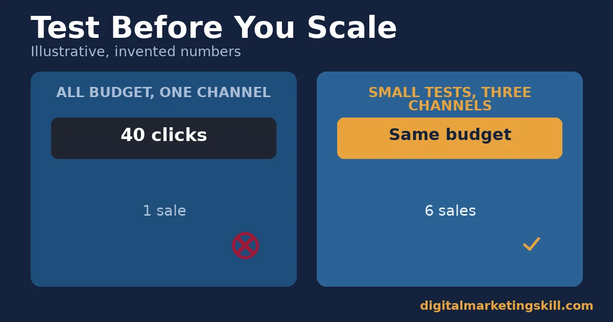 Choosing a marketing strategy illustrative comparison of spending all budget on one unproven channel against small tests across three channels