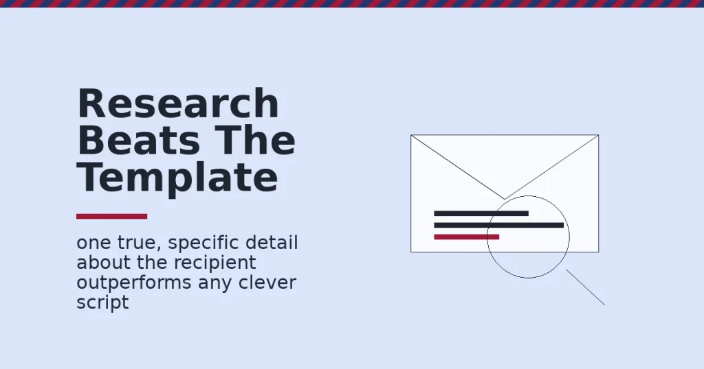 Illustration of cold email marketing showing a magnifying glass inspecting one specific personalized line in an email