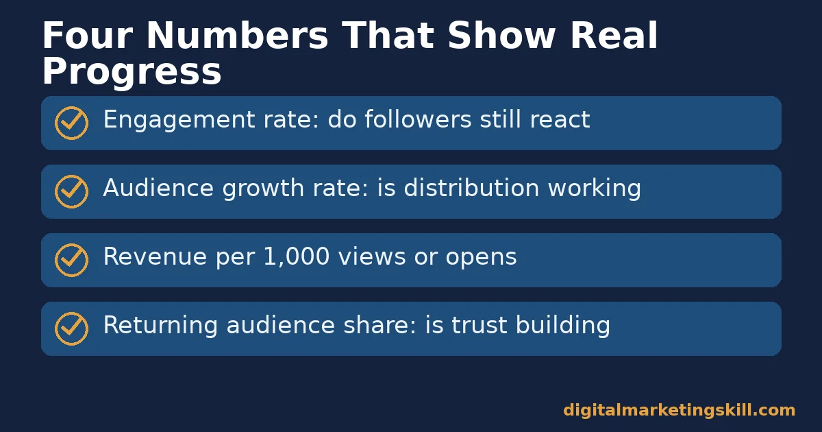 Content creator checklist listing engagement rate, audience growth rate, revenue per 1,000 views, and returning audience share