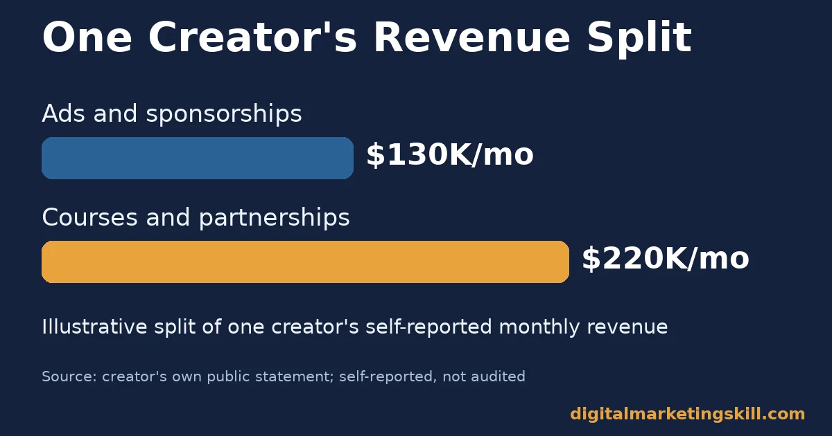 Content creator revenue split chart showing self-reported monthly income from ads and sponsorships versus courses and partnerships