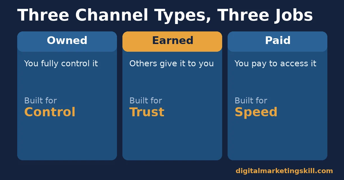 Content distribution channel types compared Content distribution comparison of owned, earned and paid channels: built for control, built for trust, built for speed