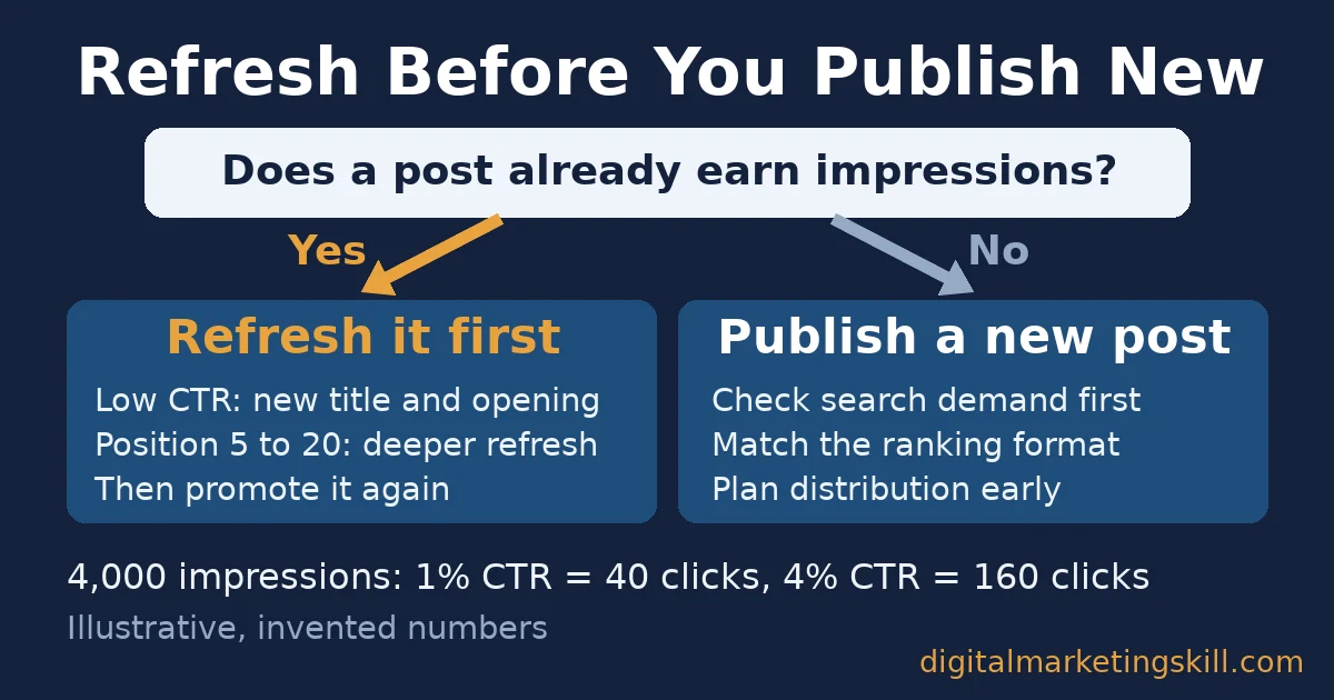 Content marketer skills decision rule: refresh before you publish new Content marketer skills decision flow: refresh a post with impressions first, otherwise publish a new post