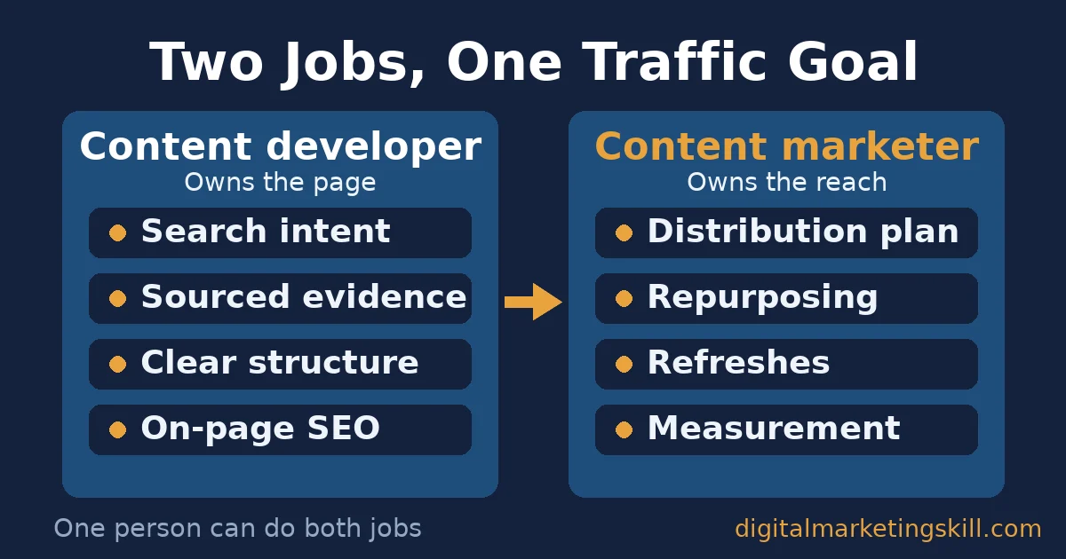 Content marketer skills: two jobs, one traffic goal Content marketer skills comparison: content developer skills beside content marketer skills