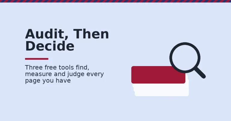 Content marketing audit shown as a magnifying glass over a stack of pages with one page flagged crimson