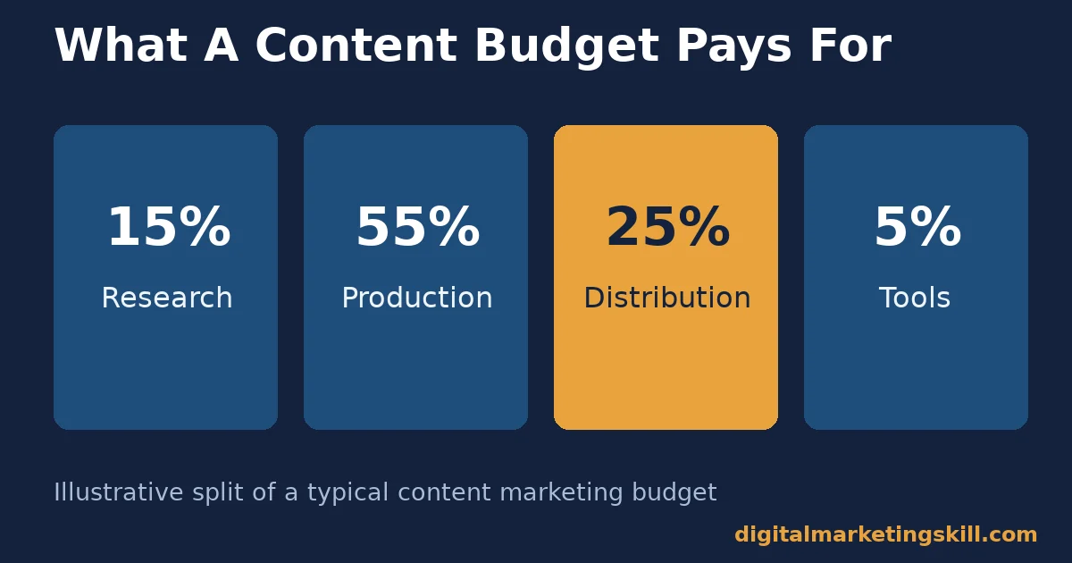 What a content marketing budget pays for Bar chart showing an illustrative content marketing budget split across research, production, distribution, and tools