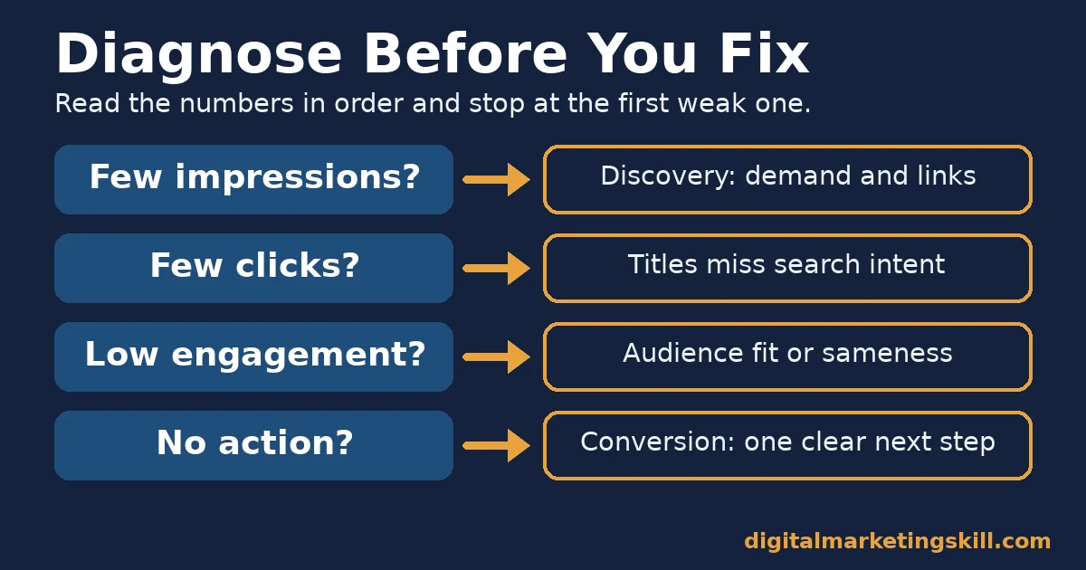 Decision flow for diagnosing content marketing challenges from impressions, clicks, engagement and action