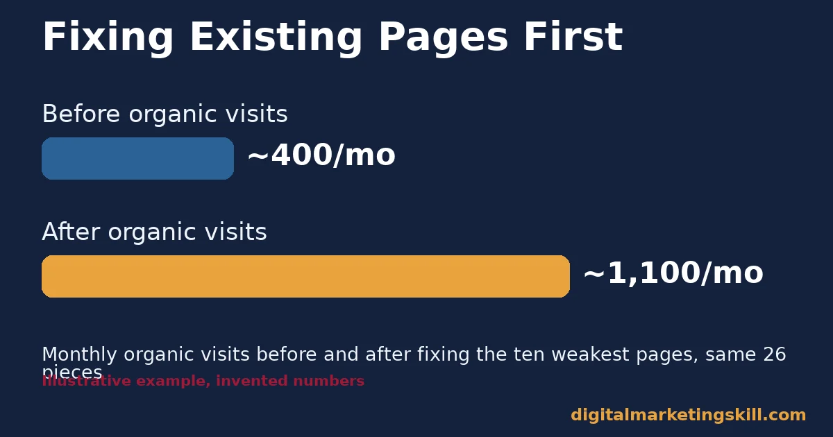 Content marketing facts illustrative chart showing monthly organic visits rising from about 400 to about 1,100 after fixing existing pages