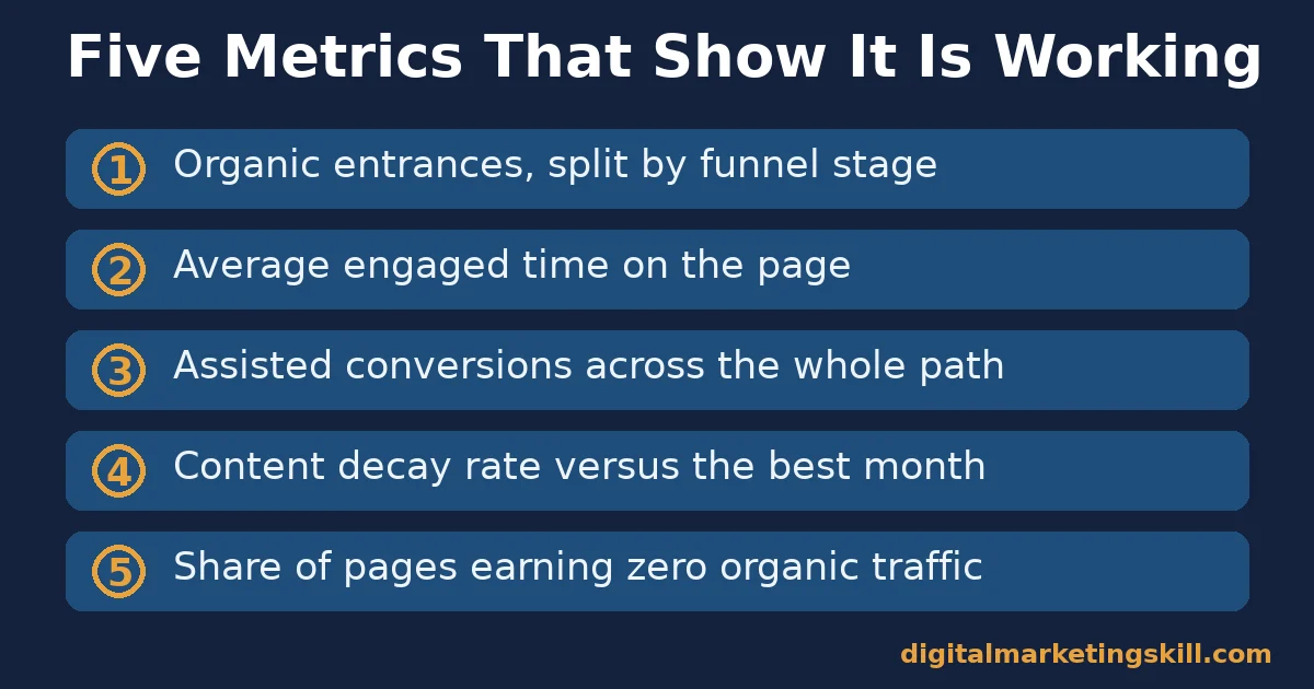 Content marketing framework measurement checklist: organic entrances by stage, engaged time, assisted conversions, content decay rate, and share of pages with zero traffic