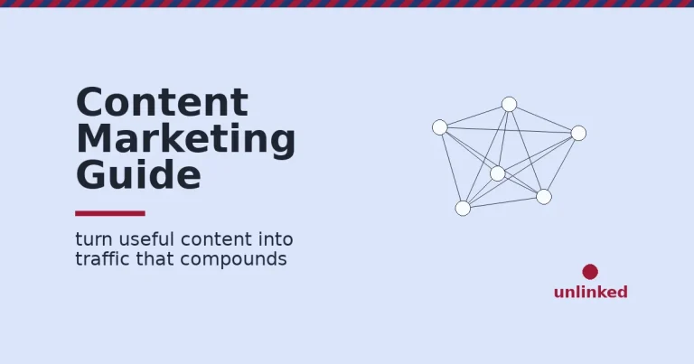 Content marketing guide shown as a connected network of white content nodes with one crimson unlinked node standing apart
