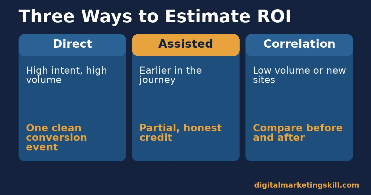 Content marketing ROI comparison of direct attribution, assisted conversions and correlation estimates and when to use each