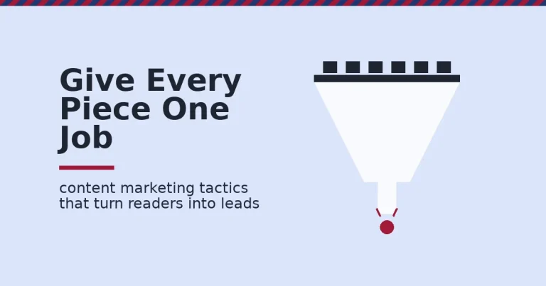 Content marketing tactics shown as a funnel of dark content blocks narrowing into a single crimson lead dropping out the bottom