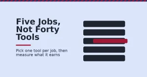 Content marketing tools shown as five stacked dark bars with one crimson bar overlapping a third, signalling a wasted duplicate tool