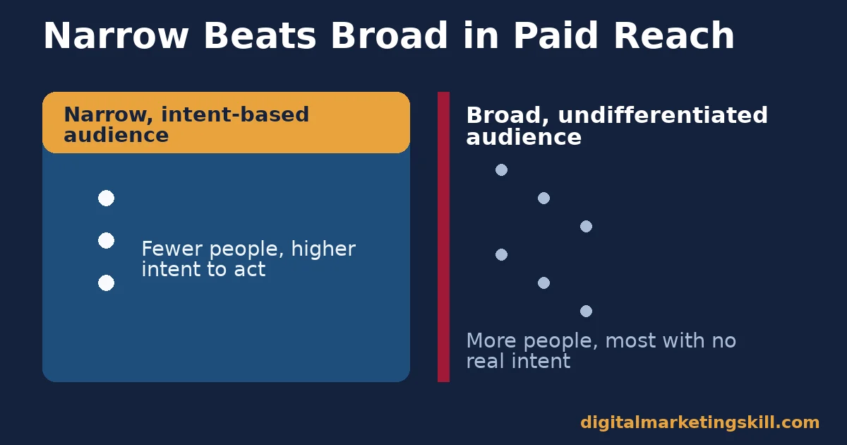 Comparison showing why narrow, intent-based audiences outperform broad, undifferentiated ones in paid content promotion