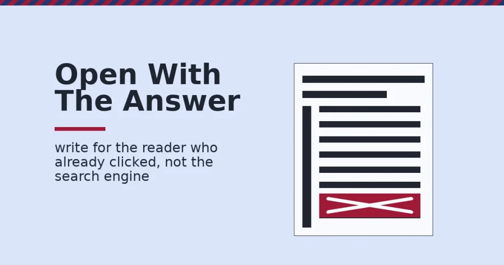 Content writing illustration of a page with a scanned F-shaped pattern and a crimson crossed-out buried answer near the bottom