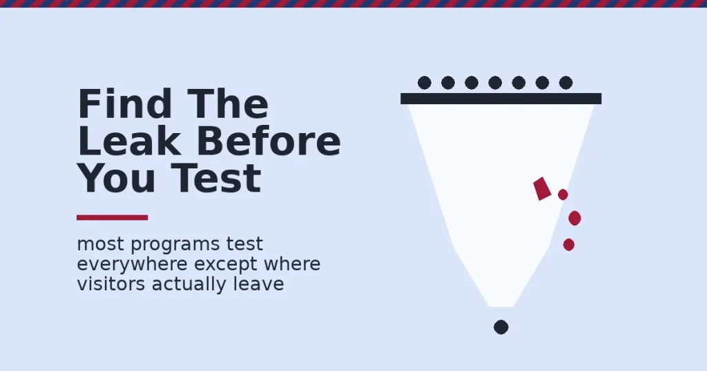 Conversion rate optimization mistakes shown as a funnel leaking visitors through a crimson crack before most visitors reach the bottom