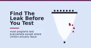 Conversion rate optimization mistakes shown as a funnel leaking visitors through a crimson crack before most visitors reach the bottom