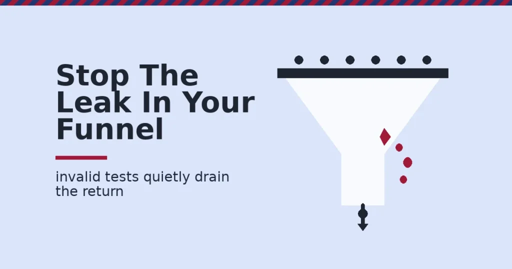 Conversion rate optimization ROI shown as a funnel with visitors entering and a crimson leak draining some of them before the exit