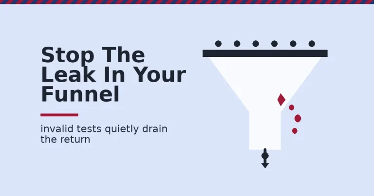 Conversion rate optimization ROI shown as a funnel with visitors entering and a crimson leak draining some of them before the exit