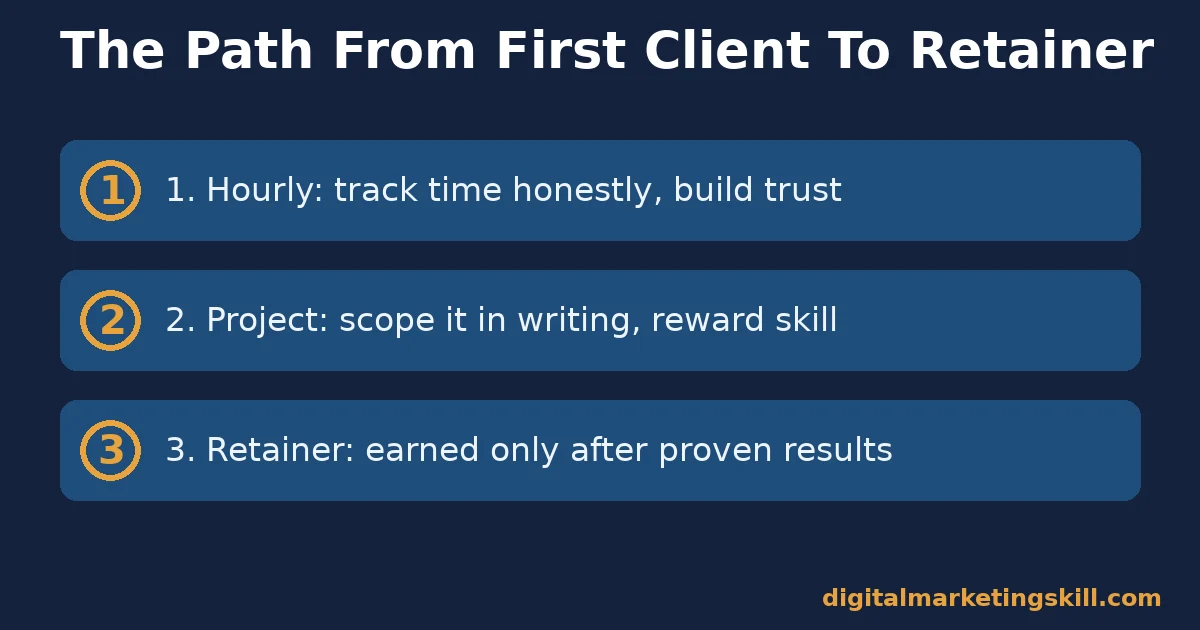 The pricing path for a copywriting business Three-step path showing how a copywriting business moves from hourly pricing to project pricing to a retainer