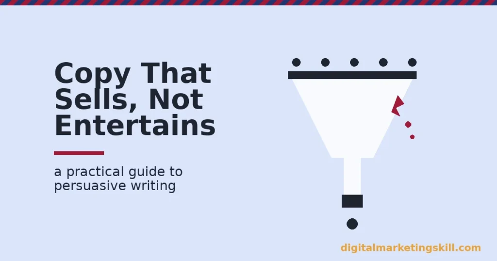 copywriting concept: a funnel of readers with a crimson leak where weak copy loses buyers