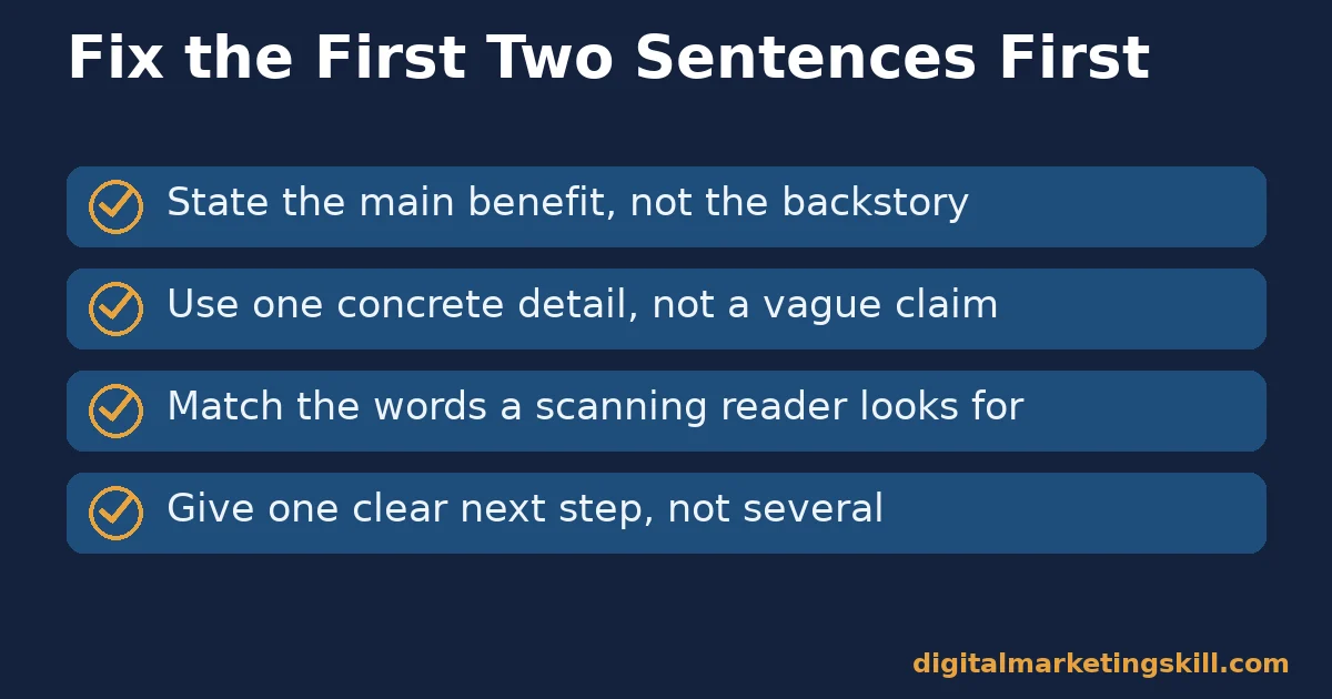 The decision rule behind strong copywriting skills Checklist of four steps for fixing the opening of a page, a core practice among practical copywriting skills