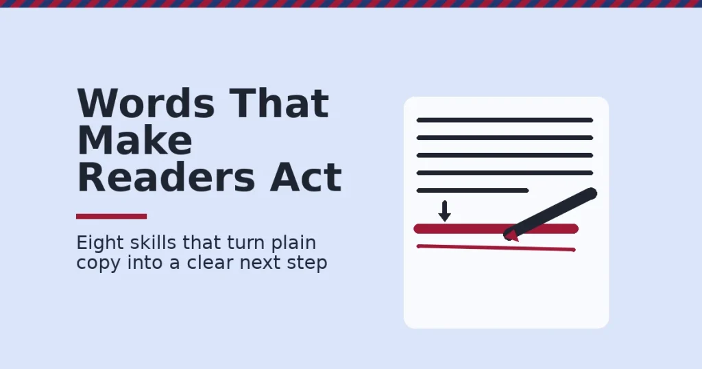 Illustration of a pencil rewriting plain grey text into one bold red action line, representing core copywriting skills
