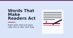 Illustration of a pencil rewriting plain grey text into one bold red action line, representing core copywriting skills