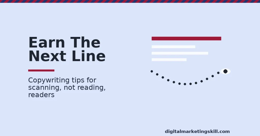 Copywriting tips graphic showing a headline bar and a scan path to an eye icon