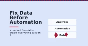 Illustration of CRM in digital marketing showing three stacked layers, data, automation and analytics, with a crimson crack in the bottom data layer