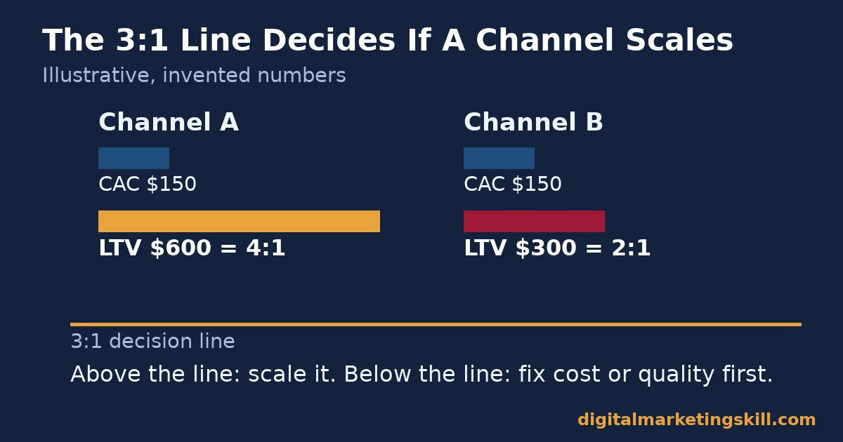 Customer acquisition strategy decision chart comparing a four to one ratio channel above the three to one line against a two to one ratio channel below it