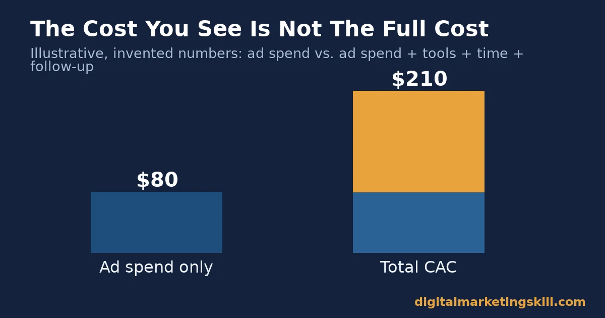 Customer acquisition strategy bar chart comparing eighty dollars in tracked ad spend against two hundred ten dollars in total cost per customer