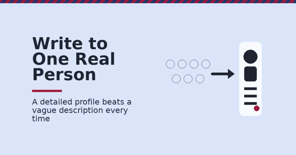 Customer avatar shown as a vague crowd of outline circles resolving into one detailed profile card with a crimson highlight