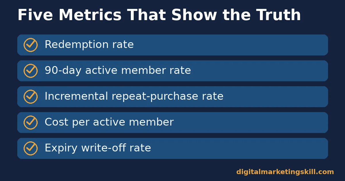 Checklist of five metrics to measure a customer loyalty program: redemption rate, active member rate, repeat purchase, cost, write-off