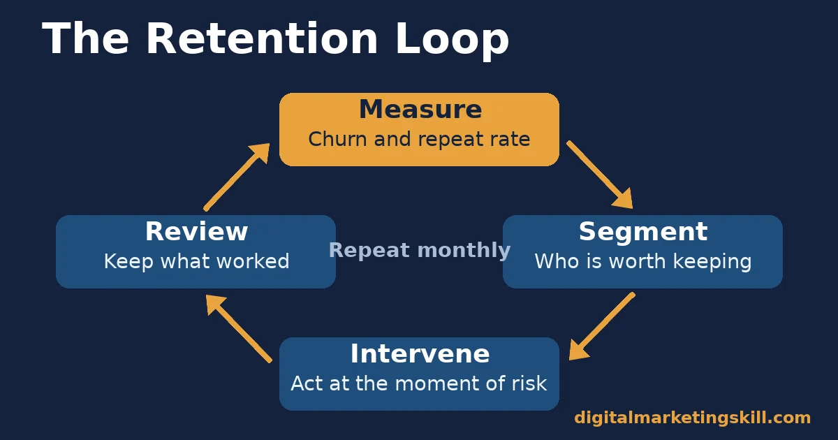 Customer retention management loop with four stages: measure, segment, intervene and review