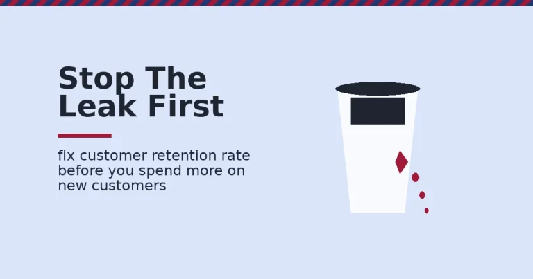 Customer retention rate shown as a white bucket with a crimson crack leaking drops near the bottom