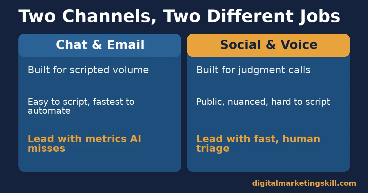Customer service automation skills by channel Two-column comparison of customer service automation skills: chat and email built for scripted volume versus social and voice built for judgment calls