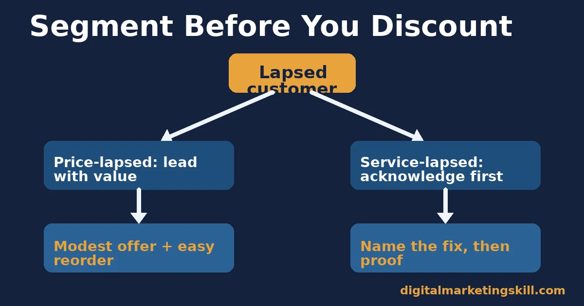 Customer win-back strategies decision flow splitting a lapsed customer into a price-lapsed path and a service-lapsed path