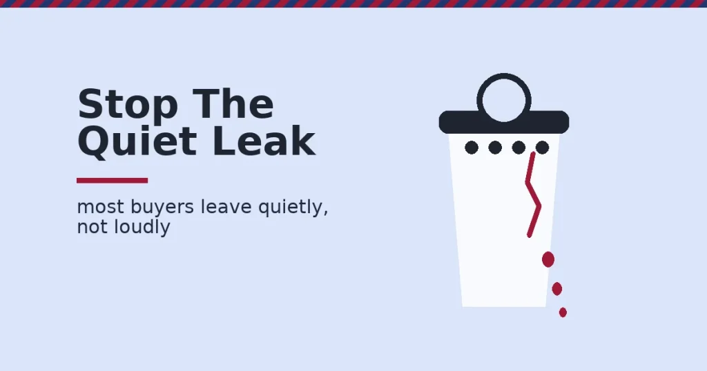 Customer win-back strategies shown as a cracked bucket leaking drops, representing buyers who quietly lapse