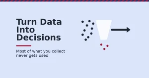 Data-driven marketing shown as scattered data points funnelled into a clear decision arrow, with unused noise discarded