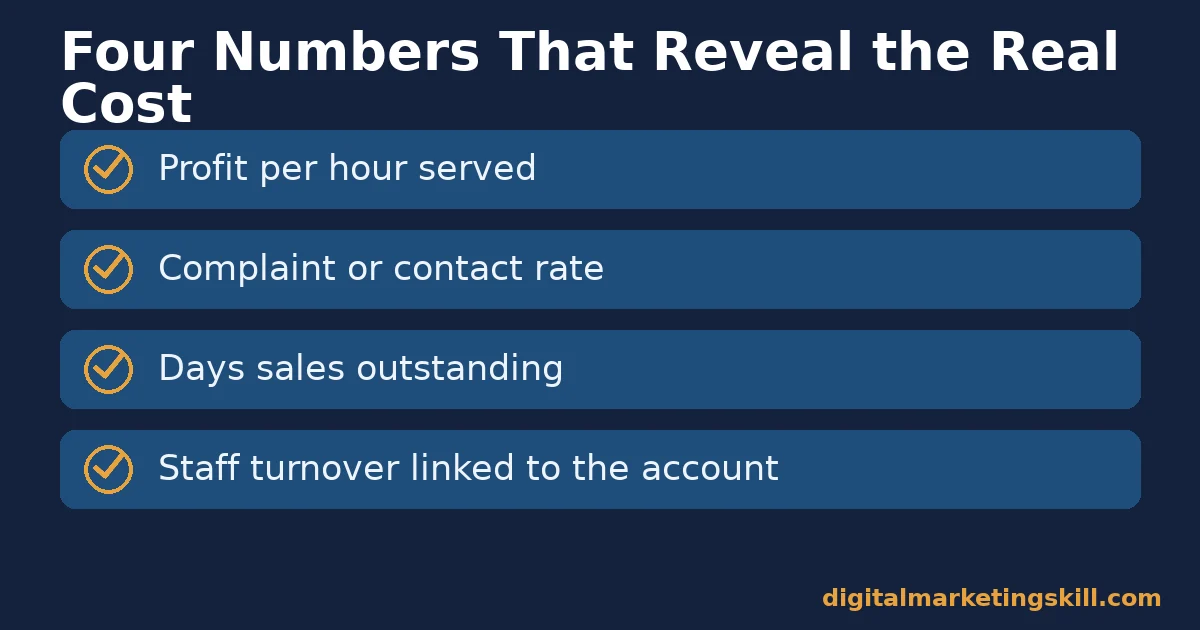 Checklist of four numbers that reveal a difficult customer: profit per hour served, complaint rate, days sales outstanding, staff turnover