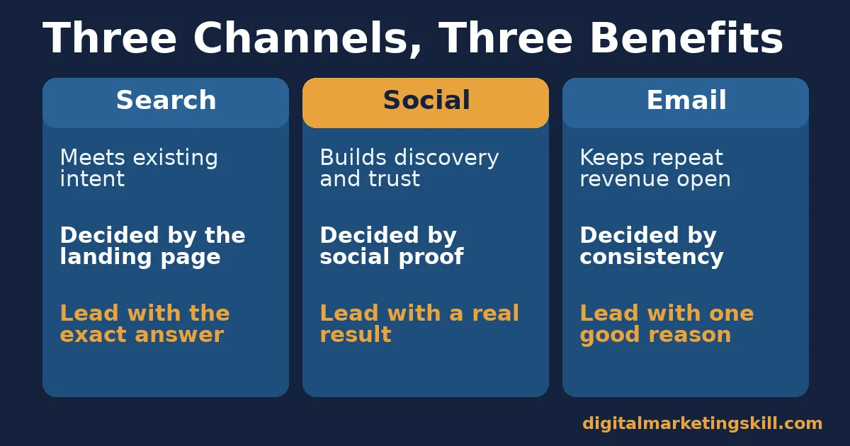 Digital marketing benefits by channel Digital marketing benefits comparison of search, social and email: what each meets, what it is decided on, and how to lead with it