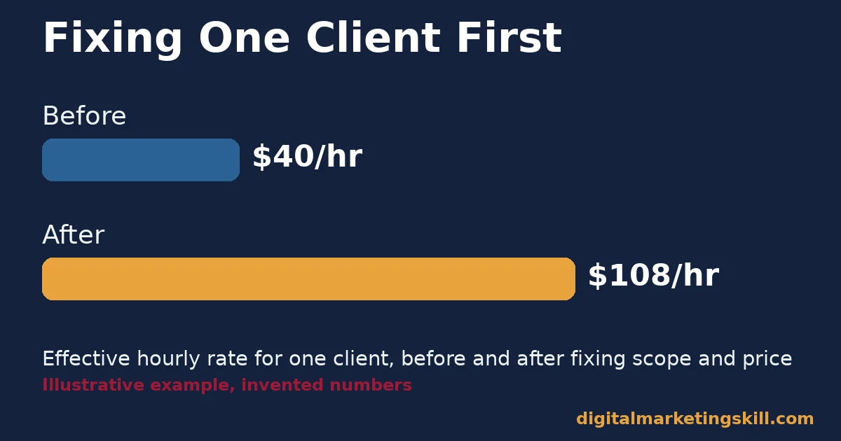 Digital marketing business illustrative chart showing effective hourly rate rising from 40 to 108 dollars after fixing scope and price for one client