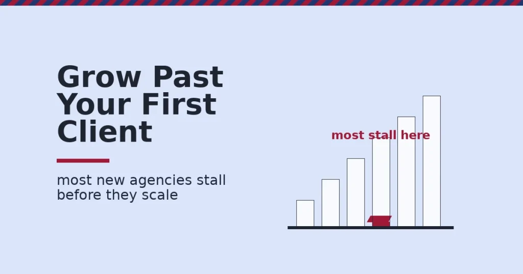 Digital marketing business shown as a bar chart with one crimson gap where most new agencies stall